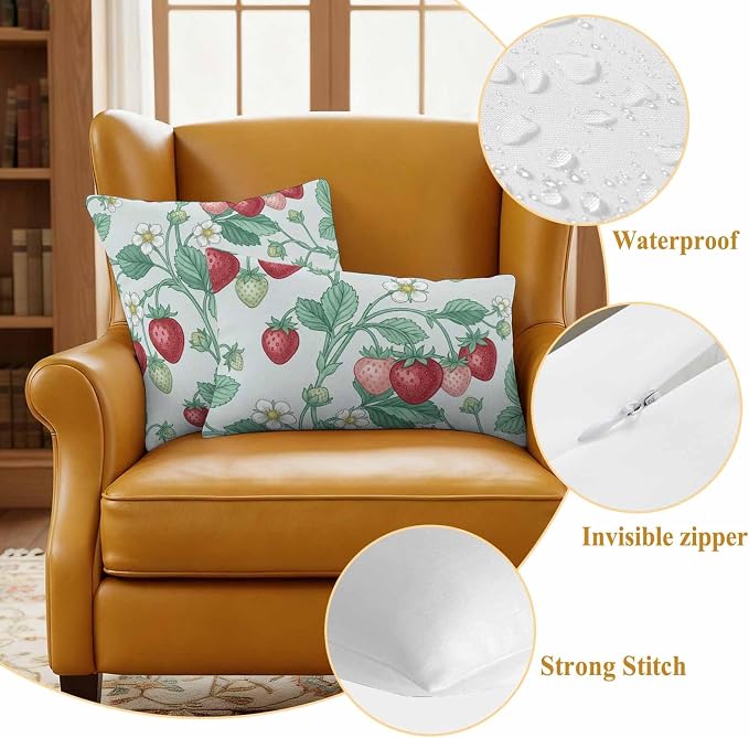 Strawberry Leaves Outdoor Pillow Covers 18"x18" Set of 2, Watercolor Red Pink Fruit Floral Mint Green Waterproof Throw Pillow Covers for Patio Furniture, Decorative Cushion Covers for Porch