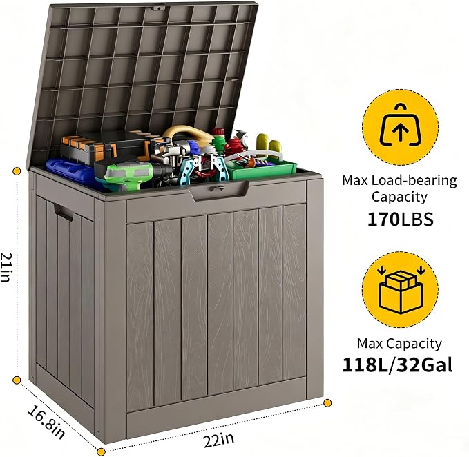 KAMABOKO Deck Box, 32 Gallon Resin Indoor and Outdoor Storage Boxes Waterproof for Garden Tools, Pool Accessories Storage Bench, Patio Furniture and Cushions with Lockable Lid, Grey