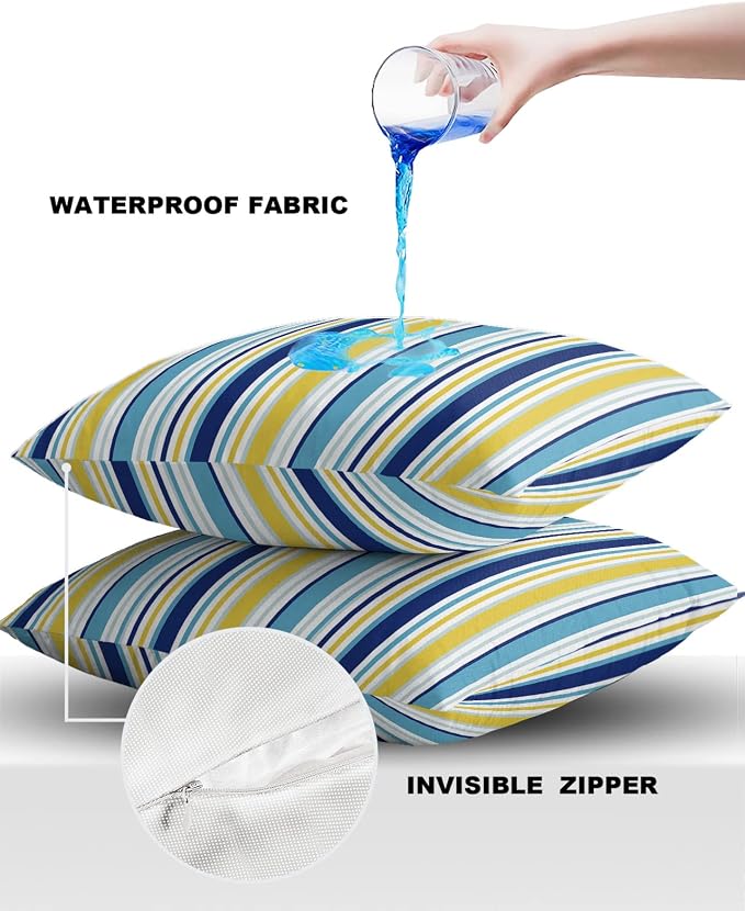 Blue Yellow Striped Outdoor Waterproof Pillow Covers, Farmhouse Navy Blue Ombre Stripes Decorative Square Throw Pillowcase Sofa Cushion Sham for Patio/Couch/Chair, 26"x26" 2 Pack