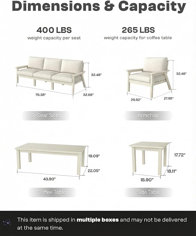 7 Piece Patio Conversation Sets, Outdoor Couch with Washable Thick Beige Cushions, HDPE Patio Furniture Set, Outdoor Sectional Furniture for Backyard, Deck, Lawn, Porch (White Frame)