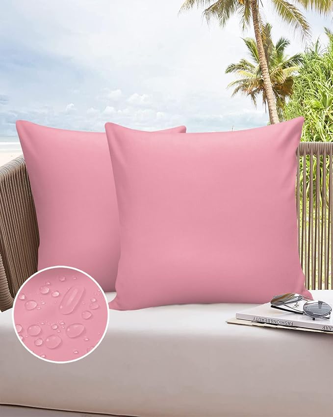 Outdoor Waterproof Pillow Covers for Patio Furniture Pink Decorative Throw Pillow Cover Solid Color Pillowcases Set of 2 Cushion Case for Sofa Couch Chair Home Decor 26x26 inch x 2pcs