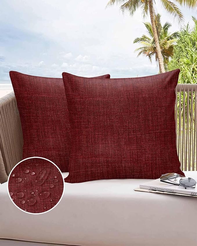 Vandarllin Outdoor Throw Pillows Covers 16x16 inch Set of 2 Waterproof Wine Red Linen Decorative Zippered Cushion Covers for Patio Furniture, Farmhouse Pure Color Lumbar Pillowcases