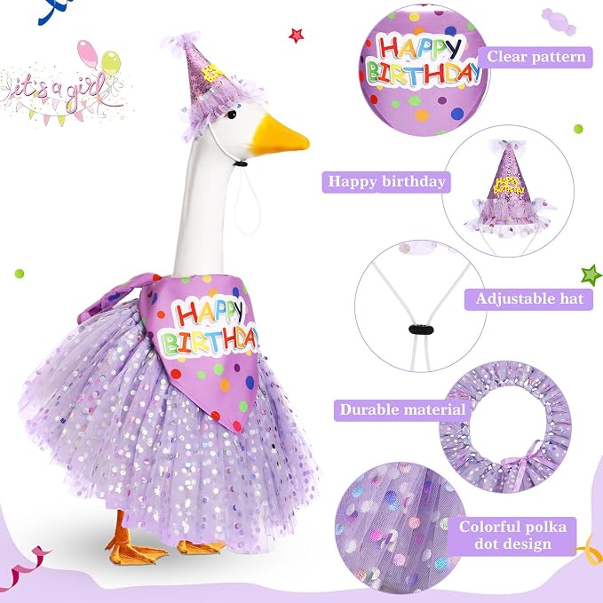 3 Pcs Porch Goose Birthday Outfit Girl Cement Goose Clothes,Purple | 23 Inch Porch Goose Outfits Happy Birthday, Porch Goose Outfits Princess, Happy Birthday Hat and Tutu Skirt Bandana