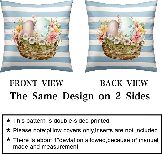 Striped White and Blue Easter Bunny Pillow Covers 16x16 Egg Pink Flower Pillows Cases Cute Bunny Pillow Covers Spring Holiday Decor for Indoors Couch Living Room in 2 Pcs