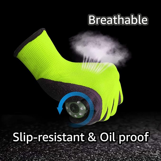 Evridwear Crinkle Latex Rubber Coated Safety Work Gloves for Men Women | 12-Pair Bulk Pack,Hi Vis Green,Great grip,Breathable,General Multi Use for Gardening Construction Warehouse(X-Small)