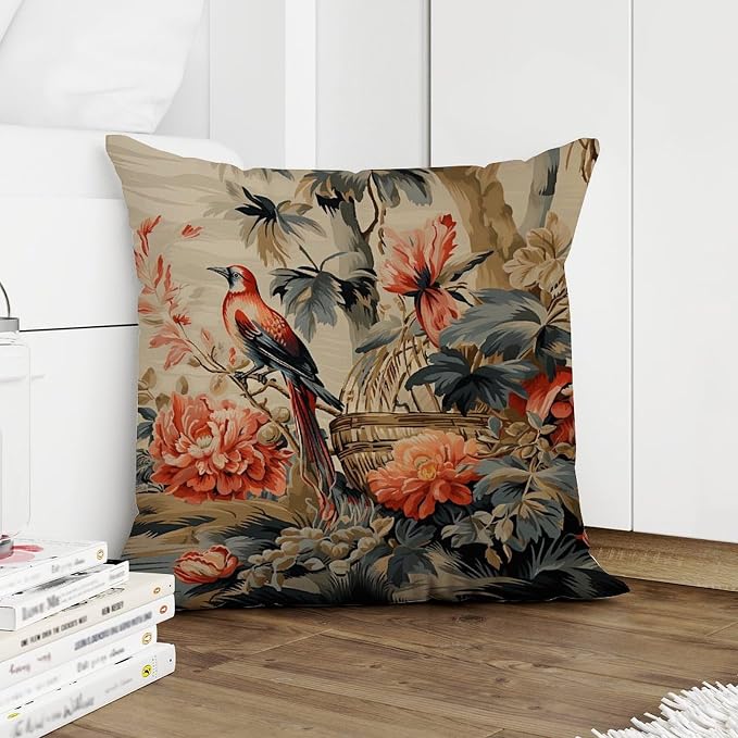 Cushion Cases Moore Manor Antique Chinoiserie Cushion Cases Farmhouse Vintage Boats and Flowers Pillow Cover Accent Outdoor Garden Decoration for Patio Couch Bench 18x18 in