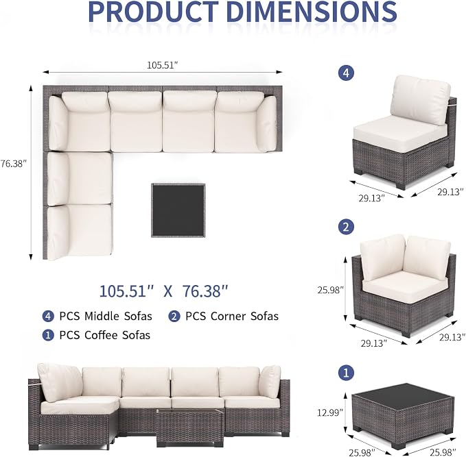 GarveeHome 7 Piece Patio Furniture Set, PE Rattan Wicker Sectional Sofa Set with Cushions & Glass Top Coffee Table, Outdoor Conversation Furniture for Garden, Balcony, Porch, Backyard