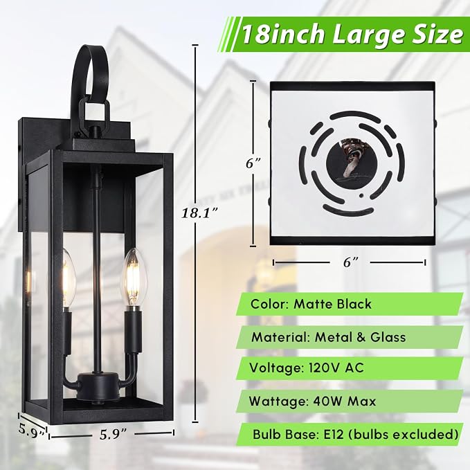 BesLowe 18" Large Outdoor Wall Light, 2-Light Black Exterior Sconce | Waterproof, Rust-Resistant, Durable Metal with Clear Glass, Standard E12 Socket, Easy to Install