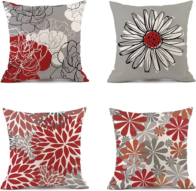 Throw Pillow Covers 12x12 in Set of 4 red Pillow Covers flower Square Decorative Pillows Linen Outdoor Pillowcases With Invisible Zipper Sofa Cushion Covers for Couch Livingroom Car Home Decor Gifts
