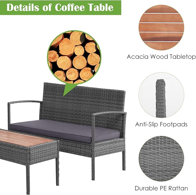 Tangkula 8 Pieces Rattan Patio Conversation Set, Patiojoy Outdoor Wicker Sofa with Seat Cushions, Heavy-Duty Steel Frame, Acacia Wood Tabletop, Outdoor Furniture for Poolside, Deck, Garden