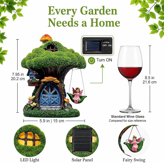 TERESA'S COLLECTIONS Fairy House Outdoor Statues with Solar Light for Garden Decor, Green Moss Resin Outdoor Cottage with Swinging Fairy, Lawn Ornaments Yard Decor Gifts for Mom Women, 8"