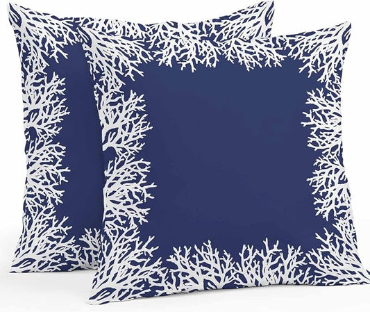 Vandarllin Outdoor Throw Pillows Covers 24x24 inch Set of 2 Waterproof Navy Blue Coral Decorative Zippered Cushion Covers for Patio Furniture, Coastal Marine Life Lumbar Pillowcases