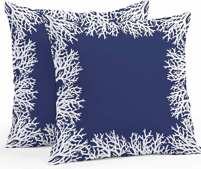 Vandarllin Outdoor Throw Pillows Covers 16x16 inch Set of 2 Waterproof Navy Blue Coral Decorative Zippered Cushion Covers for Patio Furniture, Coastal Marine Life Lumbar Pillowcases