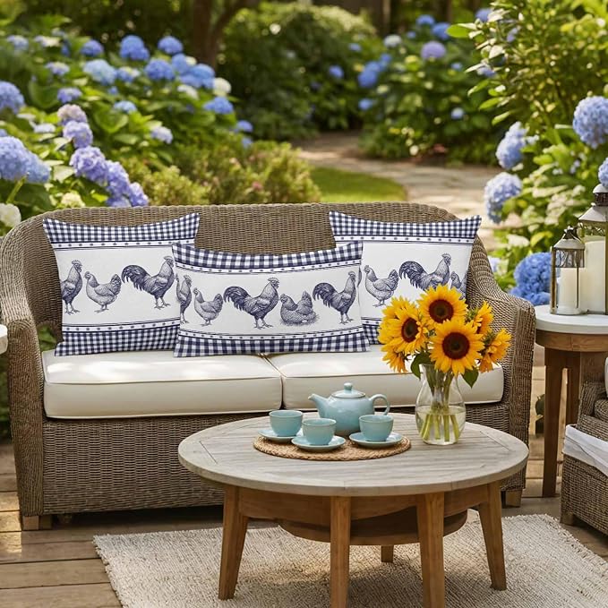 Navy Blue Rooster Outdoor Pillow Covers 26x26 Inch Throw Pillow Covers Set of 2 Waterproof Decorative Pillow Cases Vintage Farmhouse Blue Plaid Cushion Covers for Patio Furniture Garden Couch Sofa