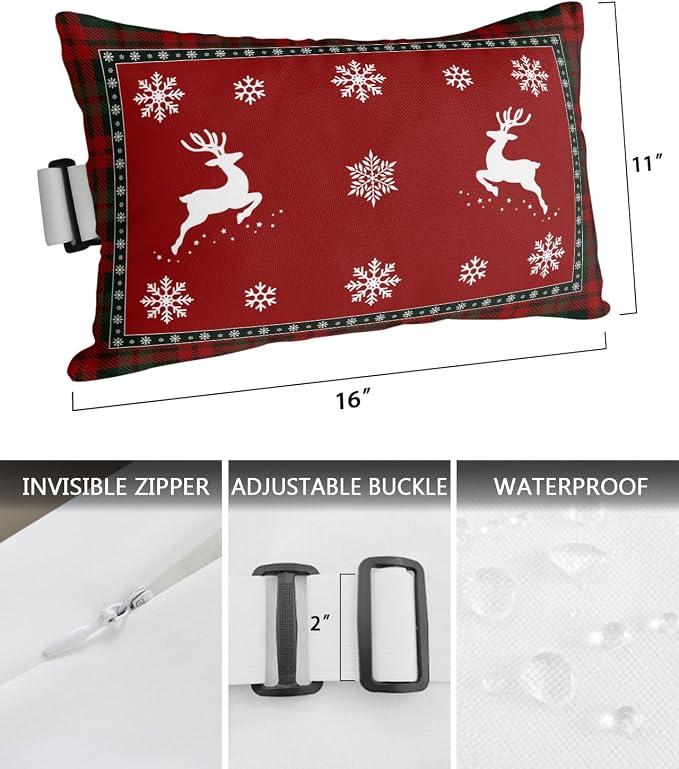 Outdoor Pillows Covers with Inserts Christmas Elk Snowflake Plaid Border Waterproof Recliner Pillow with Adjustable Strap Throw Pillows for Patio Furniture Pool Lounge Chair, 11x16 inch, 1PCS