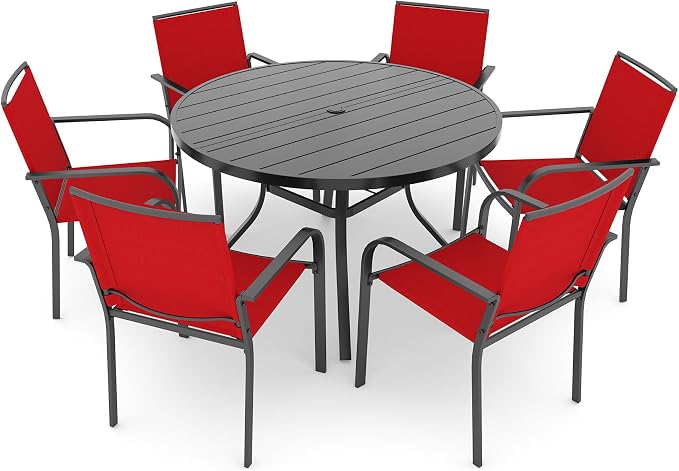 Anmutig 7 Piece Patio Dining Set 48 Inch Round Table Stackable Chairs Red | Powder-Coated Steel Frame, Quick-Dry Textilene Mesh, Dual-Size Umbrella Hole, Weather Resistant, Patio, Garden, Backyard