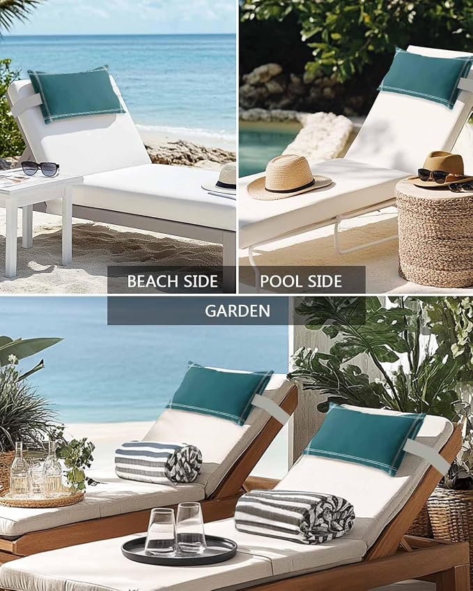 Chaise Lounge Chair Pillow with Strap & Insert Solid Color Outdoor Recliner Head Pillow Pack of 2 Turquoise Waterproof Headrest Patio Lumbar Pillow for Beach Pool Office Chair 12x20 Inch