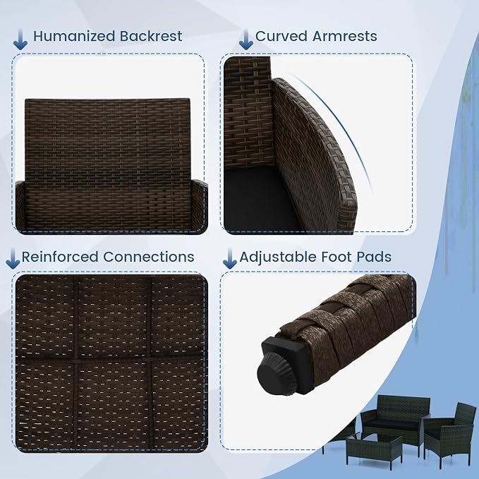HAPPYGRILL 8 Pieces Outdoor Rattan Conversation Set, Patio Wicker Furniture Set with Loveseat Chairs & Tempered Glass Coffee Table, Outside Sectional Sofa Set for Backyard Garden & Poolside
