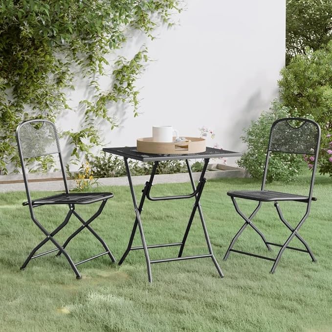 3 Piece Patio Dining Set with Expanded Metal Mesh and E-Coating Finish, Foldable Outdoor Table and Chairs in Anthracite