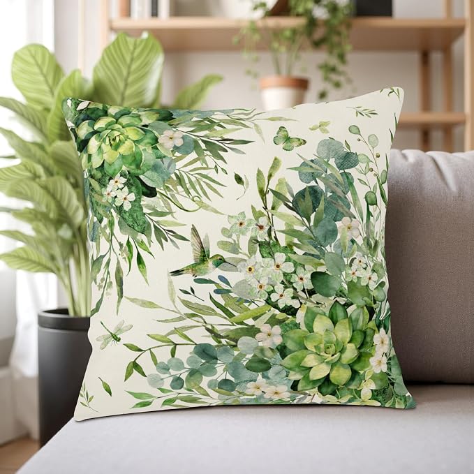 Eucalyptus Throw Pillow Covers Spring Sage Green Leaf Pillow Covers 16x16 Set of 2 Watercolor Leaves Outdoor Pillowcases Greenery White Floral Cushion Cases for Home Home Couch