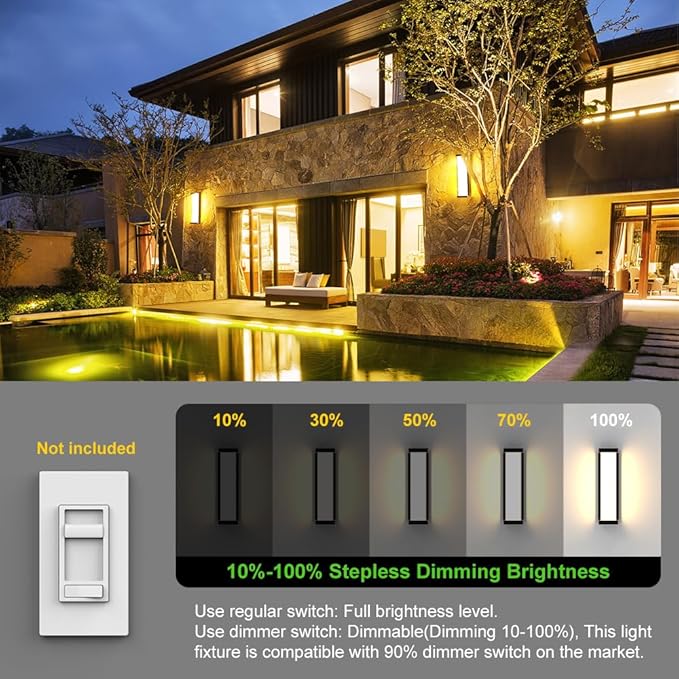 10%-100% Dimming Modern Outdoor Wall Light 2Packs, 16in 3000K LED Dimmable Porch & Patio Wall Light Fixture,Black Aluminum&Dual PC Wall Lights for Garage Living Room Courtyard House(2Packs 3000K)