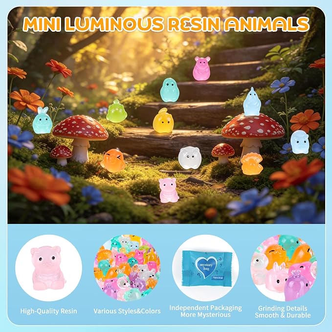 320 Pcs Mystery Mini Resin Animals Blind Bags,Tiny Glow in The Dark Animal Resin Models, mini resin figures,resin animals variety pack for Birthday Party Gift, DIY Crafts, Ornaments, Random Design