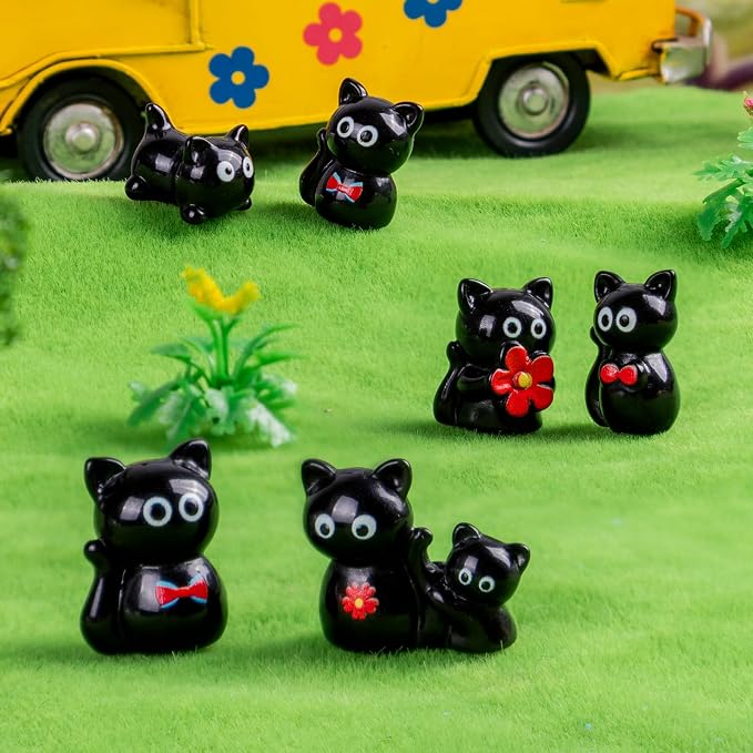 36 pcs Mini Resin Black Cats Variety Tiny Animals Figures Miniature Little Small Cat Figurines Bulk for Micro Fairy Garden Landscape Accessories Hide Crafts Decor Aquarium