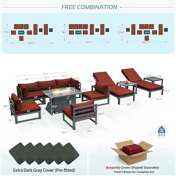 NICESOUL 11 Pcs Aluminum Patio Sectional Furniture Set with Lounge & Fire Pit Table, 500 lbs Heavy Duty Anti-Rust Outdoor Couch, 29" Deep Wide Seat, High End Conversation Sofa for Poolside, Burgundy