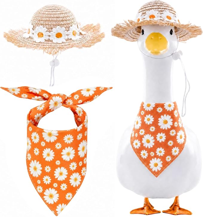 Summer Floral Porch Goose Outfit - 2Pcs Cute Orange Daisy Flower Clothes with Straw Hat & Bandana Bib, Garden Lawn Decoration for 23 Inch Cement/Plastic Statue