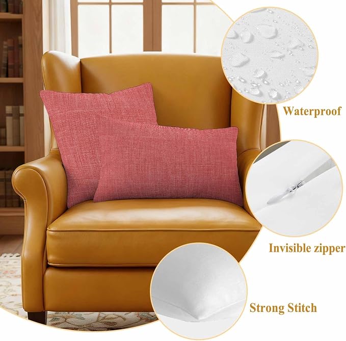 Outdoor Waterproof Throw Pillow Covers Set of 2 Coral Red Linen Pillowcases 16x16 Inches Farmhouse Pure Color Decorative Pillows Cushion Case Patio Pillows for Couch Bed Chair Garden