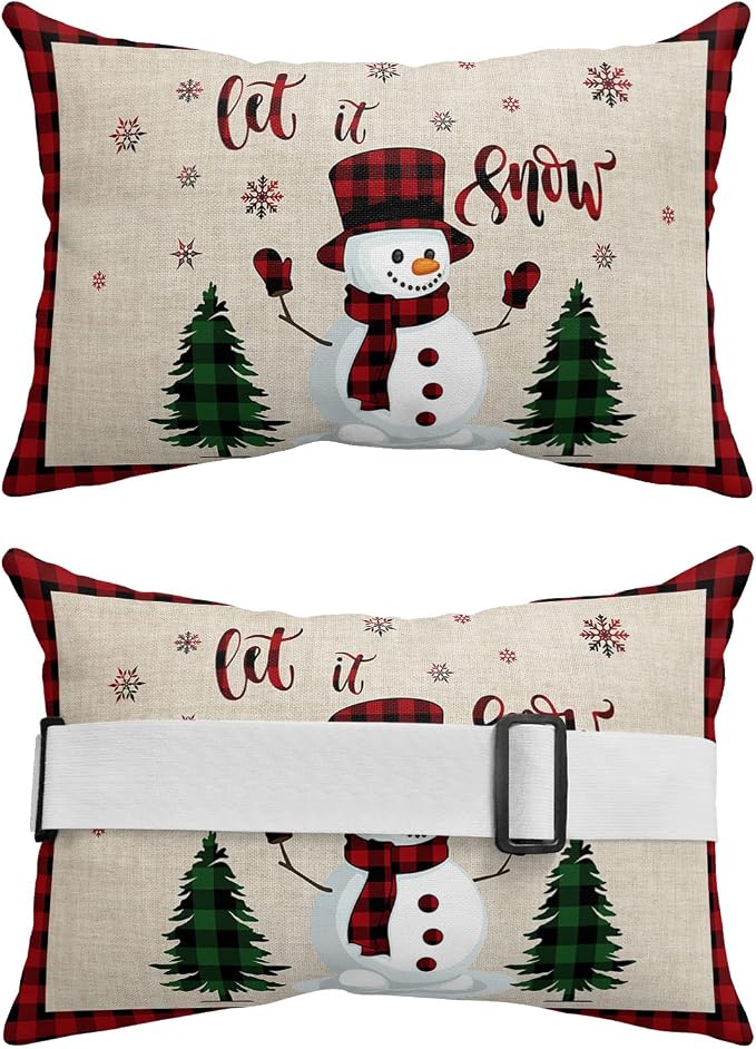 Outdoor Pillows Covers with Inserts Merry Christmas Cute Snowman with Xmas Tree Waterproof Recliner Pillow with Adjustable Strap Throw Pillows for Patio Furniture Pool Lounge Chair, 11x16 inch, 1PCS