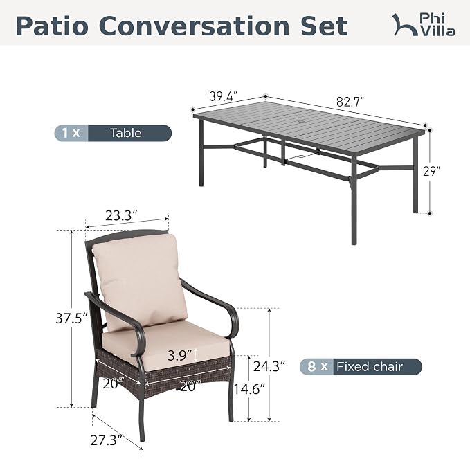 PHI VILLA 9 Piece Patio Dining Set, 83" Rectangular Metal Dining Table with Umbrella Hole, 8 Fixed Chairs with Waterproof Cushions, All Weather Outdoor Furniture for Deck, Backyard