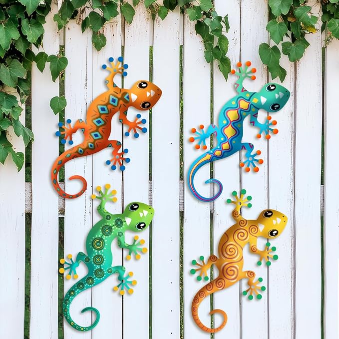 4 Pcs Metal Gecko Outdoor Decorations - Metal Lizards Wall Art Hanging Sculpture Decoration for Garden Yard Fence Porch Exterior Wall Decor