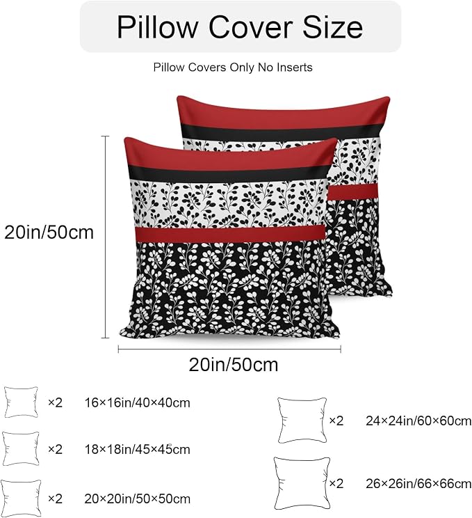 Black Red Outdoor Pillow Covers 20x20 Inch Throw Pillow Covers Set of 2 Waterproof Decorative Pillow Cases Garden Floral Stripe Aesthetic Flower Boho Cushion Covers for Patio Furniture Garden Couch