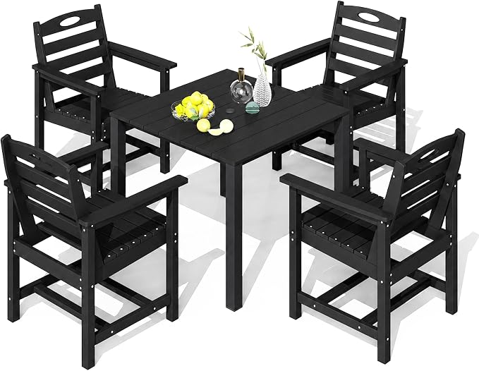 Domi HDPE Outdoor Dining Set, All-Weather Outdoor Dining Table Set of 5 with 2" Umbrella Hole, Outdoor Patio Dining Set for Garden, Poolside, Backyard, Deck, Black