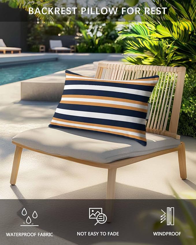 Stripes Outdoor Pillows for Chaise Lounge Chair Set of 2 Orange Navy Blue Stripe Modern Abstract Minimalist Waterproof Lumbar Patio Pillows with Insert & Adjustable Elastic Strap for Recliner Beach