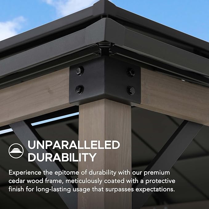 Sunjoy Wooden Grill Gazebo, 8 x 12 ft. Steel Hardtop Outdoor Gazebo for Year-Round Grilling, 2 Full Size Grills, Griddles or Smokers - Cook Station, Barbeque, Built-in Electrical Outlets, Black