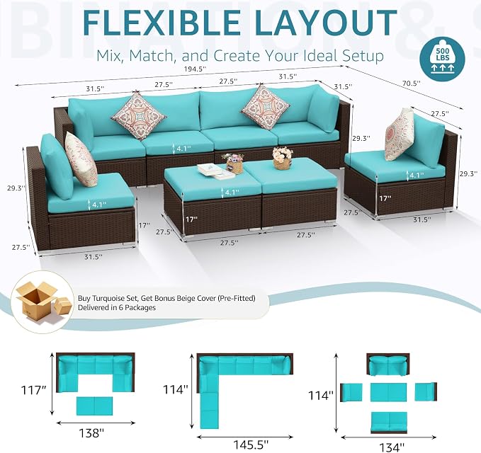 NICESOUL 8 Piece Outside Furniture Set, 29.3'' High Back Deep Seating Wicker Patio Modular Sectionals, Oversized Modern Comfy Conversation Sets for Backyard, Brown Rattan and Teal Cushion