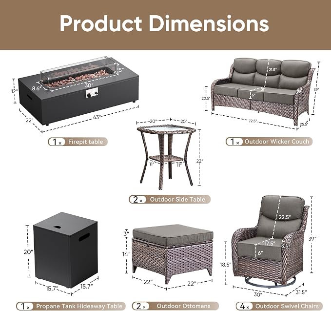 HUMMUH 11-Piece Patio Set with Swivel Rockers, Sofa and Fire Pit Table | 6 in Olefin cushions, PE wicker, steel frames, 50,000 BTU gas fire pit table, for porch, deck, and backyard