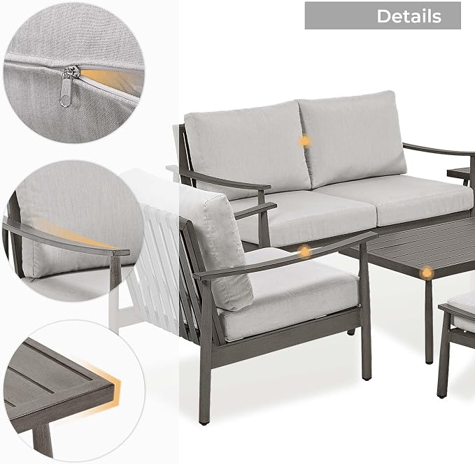 HAPPATIO Patio Outdoor Furniture Set - 7 Pieces Aluminum Outdoor Conversation Set Includes 1 Loveseat, 1 Coffee Table, 1 Side Table, 2 Armchairs, and 2 Ottomans for Porch, Lawn (Grey)