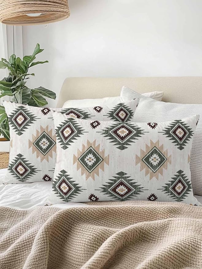 Waterproof Outdoor Pillow 1 Pack Sage Green Boho Aztec Decorative Throw Pillows Cover & Insert 20x12 Inch Lumbar Pillowcase Southwest Tribal Style Pillows for Couch Sofa Bed Patio Furniture