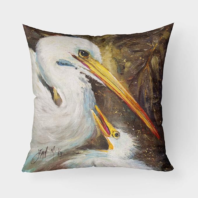 Caroline's Treasures JMK1211PW1818 White Egret Feeding Baby Fabric Decorative Pillow Machine Washable, Indoor Outdoor Decorative Pillow for Couch, Bed or Patio, 18Hx18W