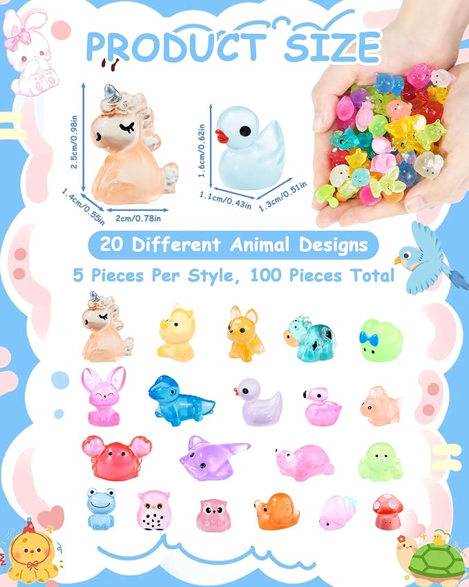 FIVEIZERO 100PCS Luminous Mini Resin Animals Bulk, 20 Styles | Waterproof, Fade-resistant, Non-toxic, Smooth Edges, Fairy Garden Decor, Aquarium Accents, Party Favor Fillers