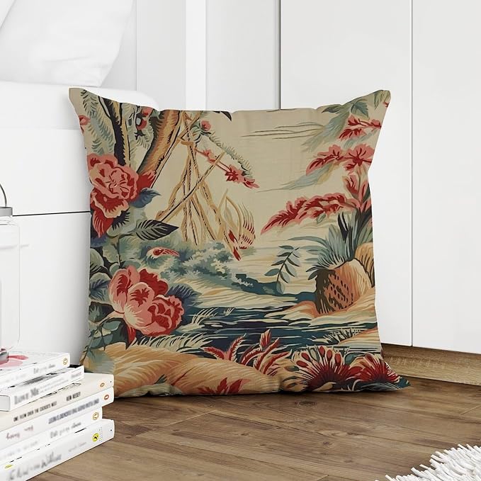 Pillow Cover Moore Manor Antique Chinoiserie Cushion Cover Farmhouse Coral Peony Chic Asian Pillow Cover Accent Outdoor Garden Decoration for Patio Couch Bench 20x20 in