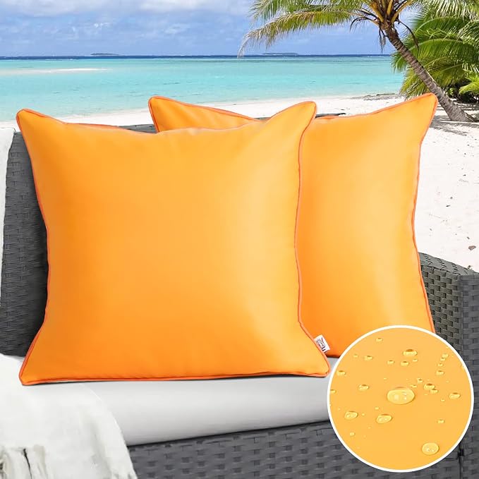 Pack of 2 Outdoor Waterproof Pillow Covers 20x20 Inch- Silicone Leather Garden UV Fade Resistant Pillowcases Square Cushion Cases Durability Decorative for Patio Porch Couch, Yellow
