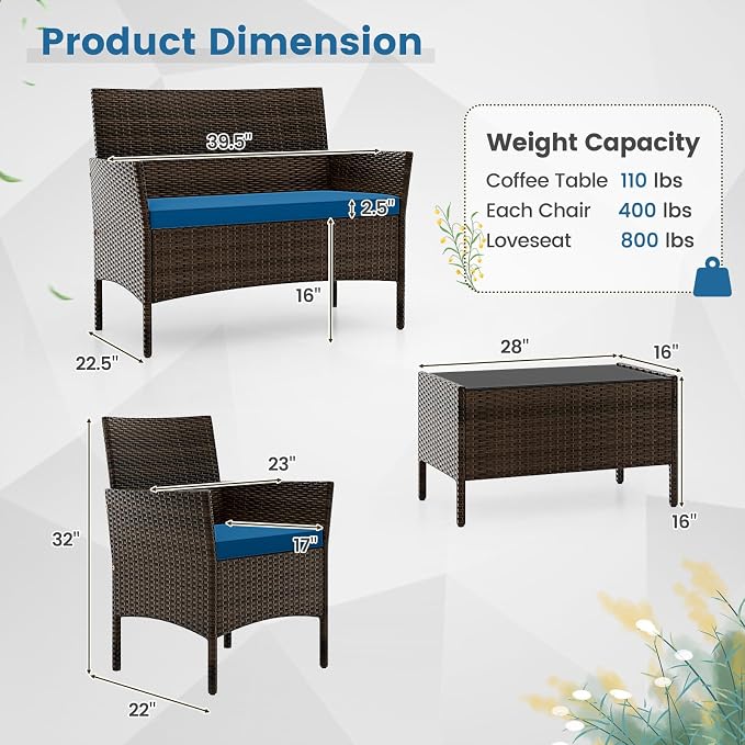 DORTALA Wicker Patio Furniture Set 4 Piece, Outdoor PE Rattan Table & Chairs Set with Tempered Glass Coffee Table, Loveseat, Cushions, Conversation Set for Balcony, Porch, Backyard, Deck, Peacock Blue
