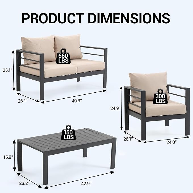 4 Piece Heavy Duty Metal Patio Furniture Set, Outdoor Conversation Set w/High Weight Capacity, All-Weather Classic Iron Sofa with Coffee Table & Washable Thick Cushions for Deck, Porch, Beige