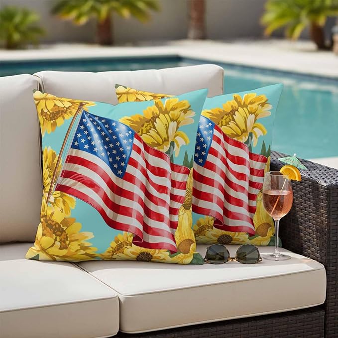 4th of July Outdoor Pillow Covers Waterproof, All Weather Cushion Case Set of 2, Watercolor Sunflowers American Flag Teal Decorative Pillowcases for Sofa Couch Bed Decor Patio Furniture 18"x18"