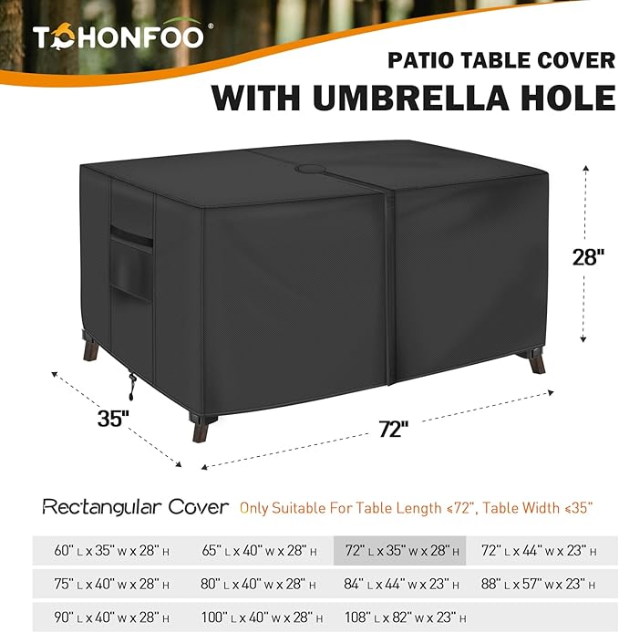 Rectangle Patio Table Cover with Umbrella Hole - 72" L x 35" W x 28" H (Cover Size，NOT Table Size) Heavy Duty Waterproof 600D Oxford Fabric Outdoor Lawn Patio Furniture Covers