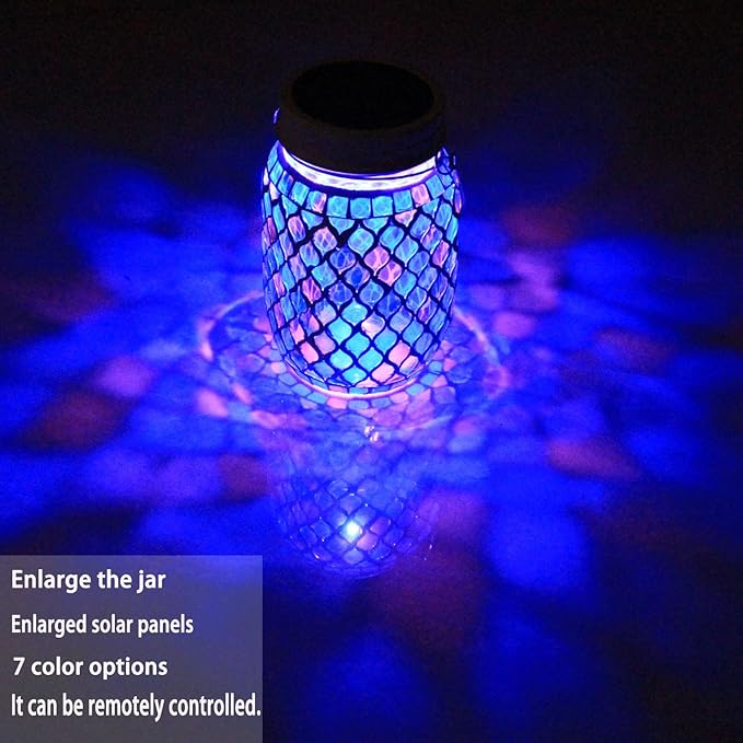 Solar Mosaic Lights - 12 Color Changing LED, 4 Lighting Modes with Remote Control, Handcrafted Glass Decor Lanterns, Hanging or Tabletop Decor for Garden (Bule)